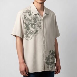 Structure Button Down Shirt Men XL Beige Linen Blend Botanical Graphic Excellent